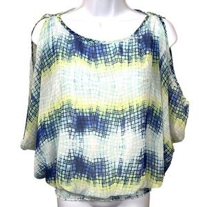 M By And By Yellow Blue Abstract Slit Sleeve Blouse Short Sleeve Medium Top